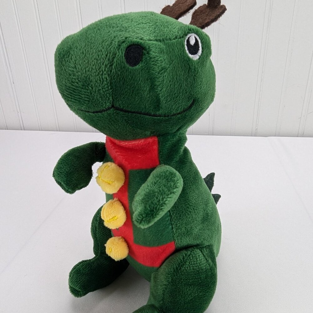 Holiday Time Green T-Rex Reindeer Dog Toy Plush 8" Squeaker Pet